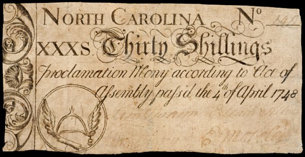 Colonial Currency NC, April 4, 1748, 30s, STIRRUP