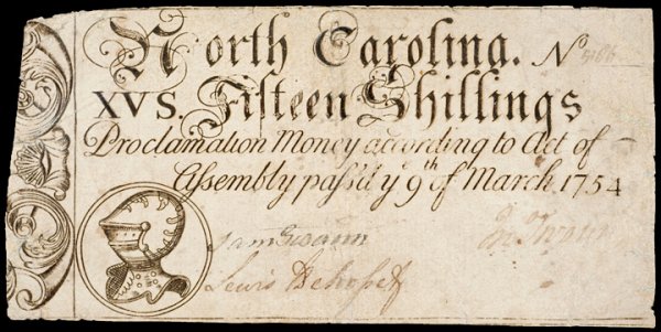 Colonial Currency, NC, March 9, 1754, 15s, ARMOR