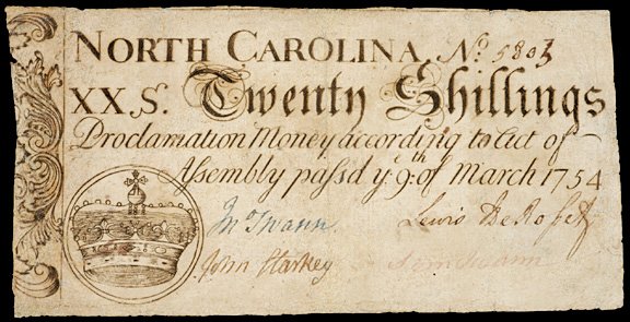 Colonial Currency, NC, March 9, 1754, 20s, CROWN