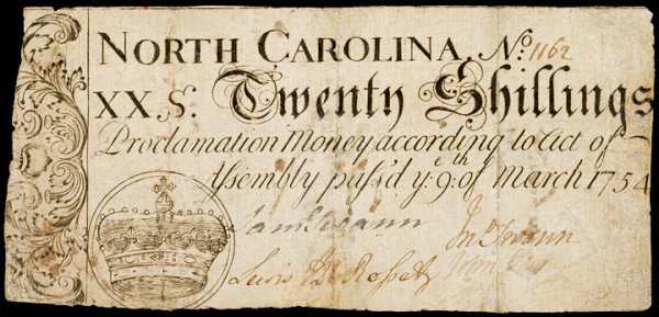 Colonial Currency, NC, March 9, 1754, 20s, CROWN