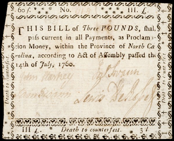 Colonial Currency, NC, July 14, 1760, £3