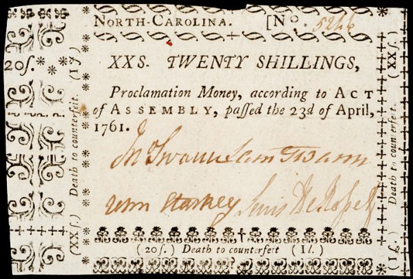 Colonial Currency, NC, April 23, 1761, 20s