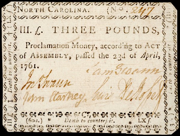 Colonial Currency, NC, April 23, 1761, £3