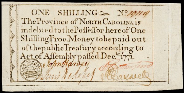 Colonial Currency NC, Dec. 1771, 1s Fruit Basket