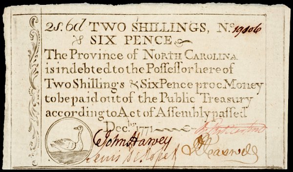 Colonial Currency, NC, December 1771 2s6d DUCK