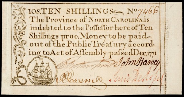 Colonial Currency, NC, December 1771, 10s, SHIP