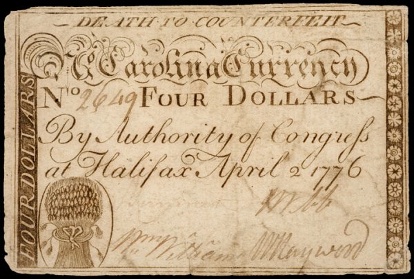 Colonial Currency, NC, April 2, 1776, $4, WHEAT
