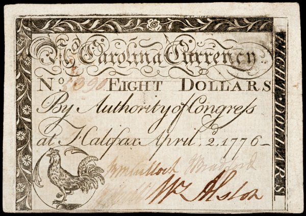 Colonial Currency, NC, April 2, 1776, $8 ROOSTER