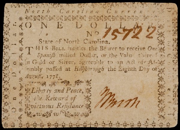 Colonial Currency, NC, Aug. 8, 1778, $1 LIBERTY