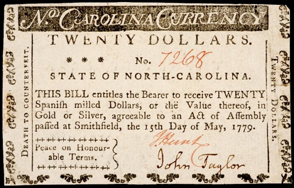 Colonial Currency, NC, May 15, 1779, $20, PEACE