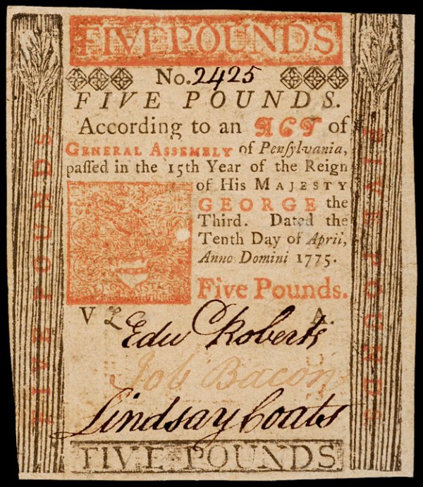 Colonial Currency PA April 10, 1775, £5 WORKHOUSE