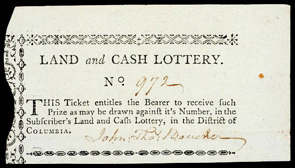 c.1790 D.C. Colonial Lottery Ticket: Colonial Lotteryc. 1790 District of Columbia "Land and Cash Lottery" c. 1790. District of Columbia. Land and Cash Lottery Ticket. Choice About Uncirculated. A lovely example printed in black i
