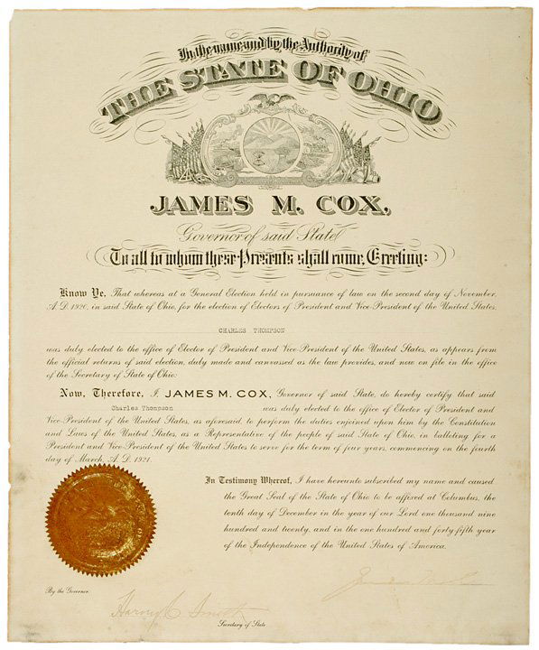 1920 Presidential Candidate Gov. JAMES M. COX: AutographsDefeated Presidential Candidate James Cox Appoints an Official Presidential Elector for Warren G. Harding JAMES M. COX, Governor of Ohio. December 10, 1920, Partly Printed Document Signed as