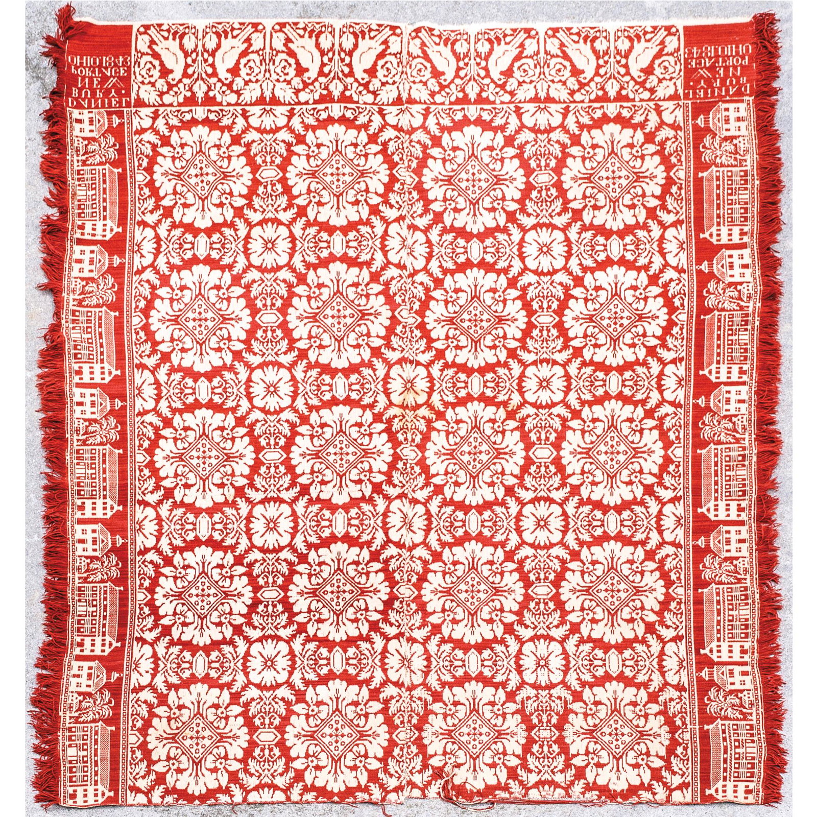 1843 Jacquard Coverlet Dan Bury New Portage Ohio: Historic Americana 1843 Jacquard Coverlet By Daniel Bury New Portage, Ohio 1843-Stitch Dated, Jacquard Coverlet Signed and Dated in its Corner Designs, "Daniel Bury. New Portage Ohio. 1843", Choice Ve