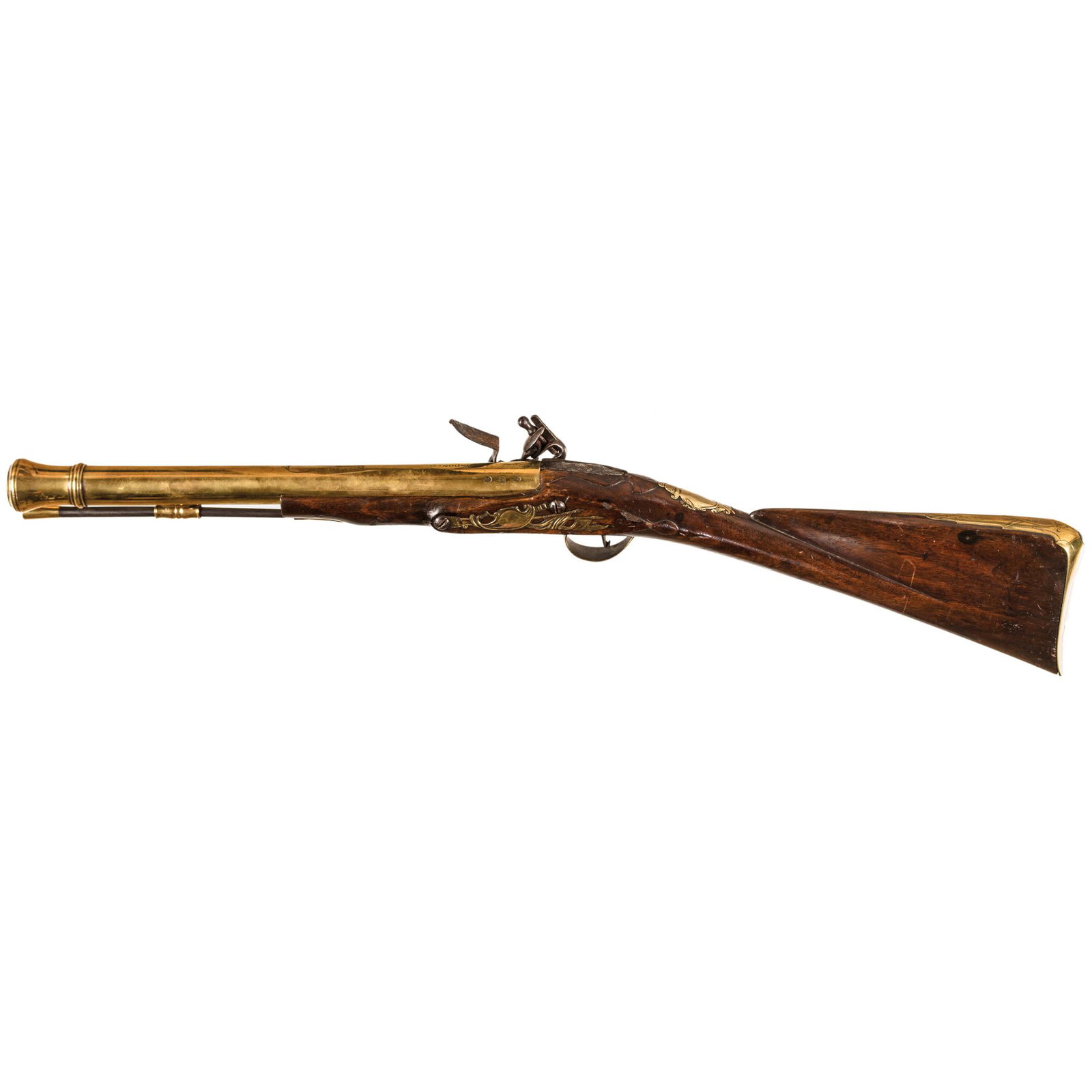 c 1760 British Flintlock Brass Barrel Blunderbuss: Guns c. 1760 British Flintlock Brass Barrel Blunderbuss c. 1760 French and Indian War Era, British Flintlock Brass Barrel Blunderbuss by WILSON, LONDON, Fine. This historic original British Flintlock 