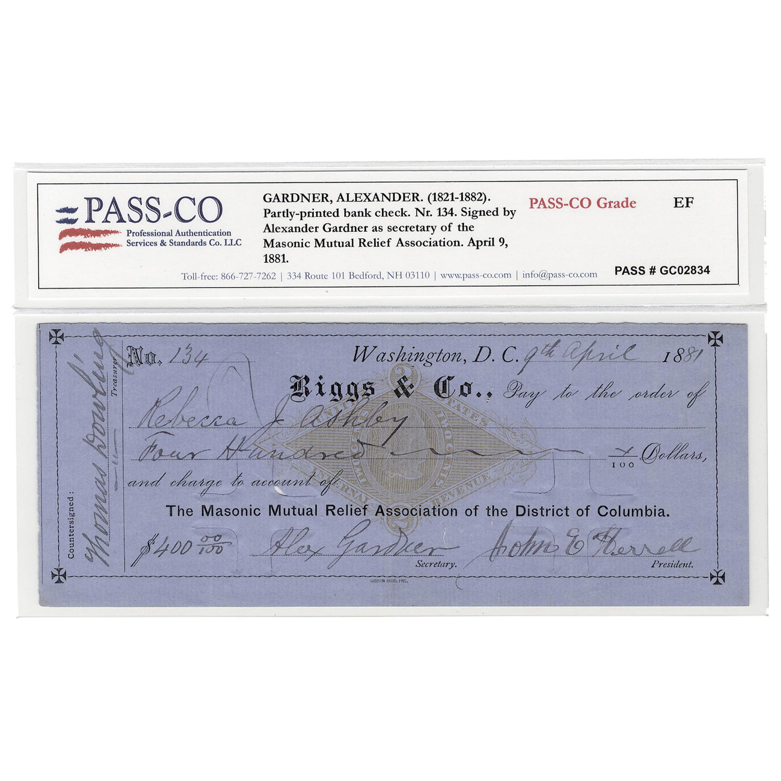 ALEXANDER GARDNER Very Scarce Autographed Check: Autographs Very Scarce Check With Autograph Of Famed Civil War Photographer Alexander Gardner Dated April 9th, 1881 ALEXANDER GARDNER (1821-1882). Scottish Photographer who moved to the United States