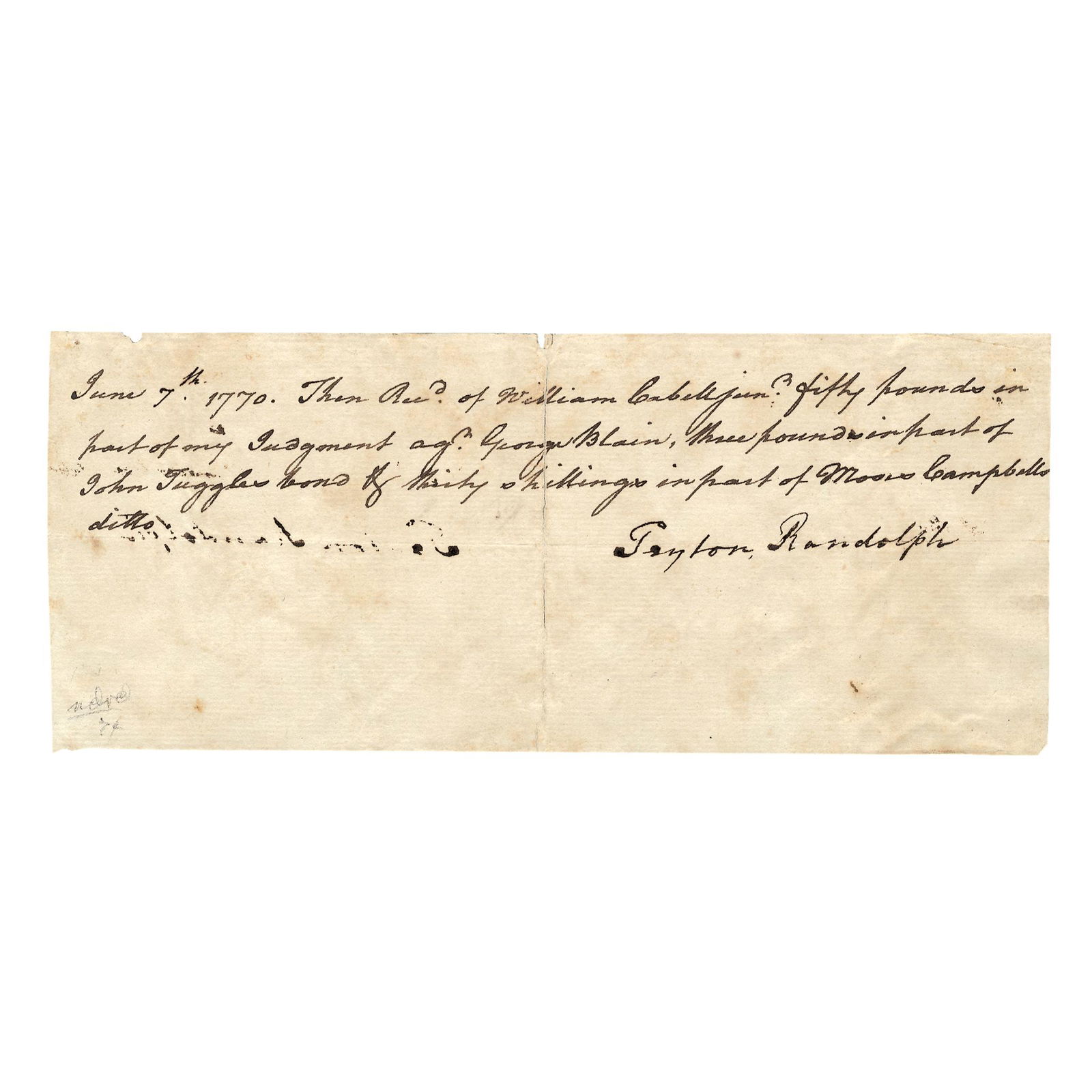 1770 PEYTON RANDOLPH Document Boldly Signed (1 of 2)