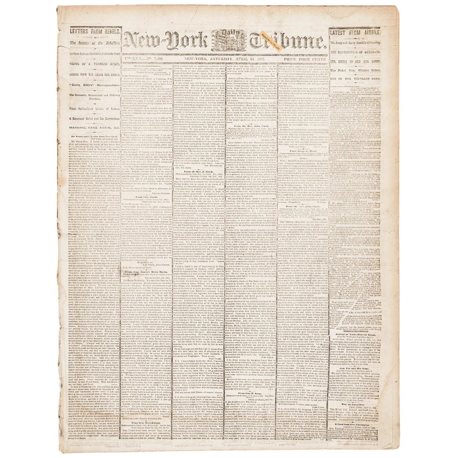 Lincoln Assassination April 15, 1865 NY Newspaper (1 of 4)