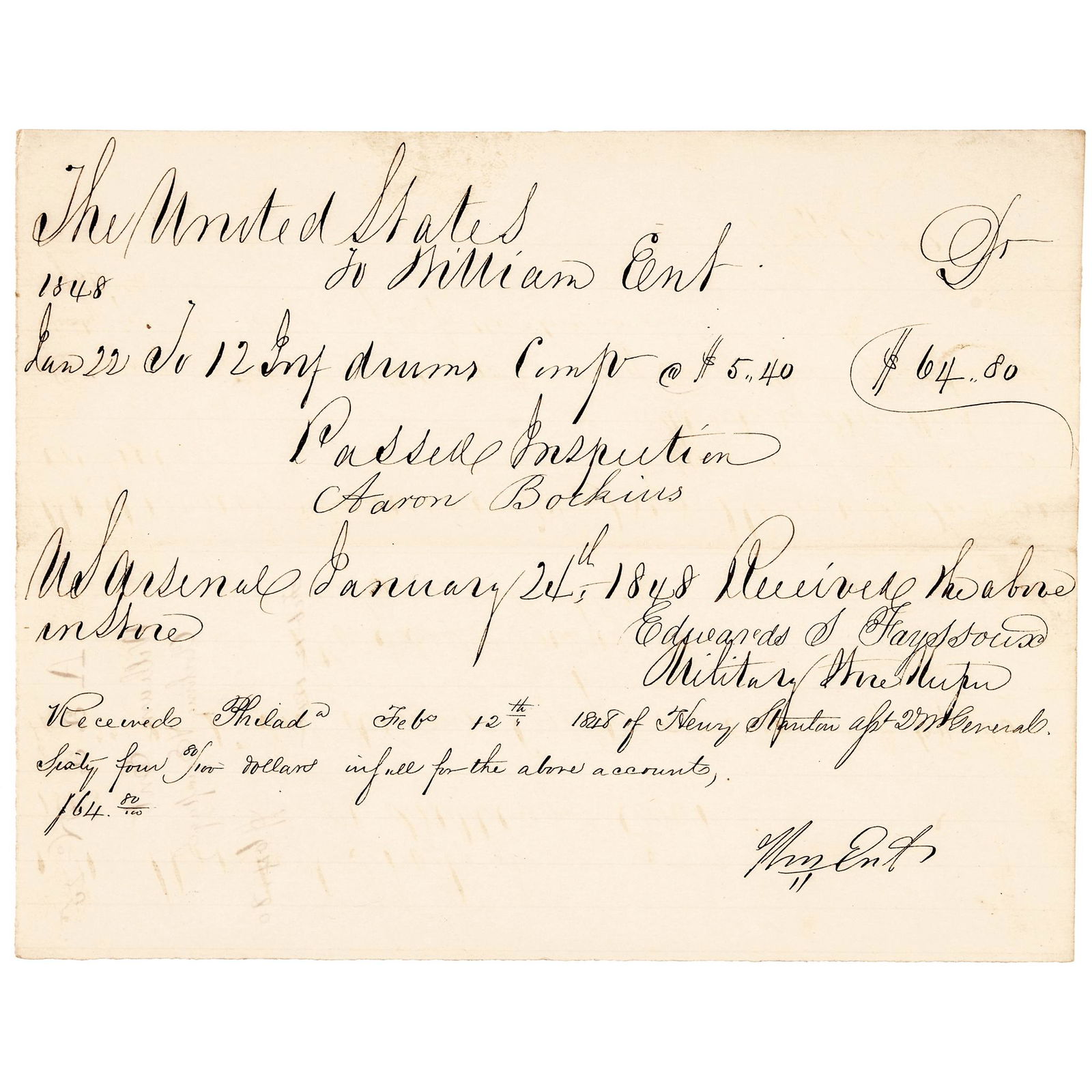 1848 Military Drum Order Signed by William Ent (1 of 2)