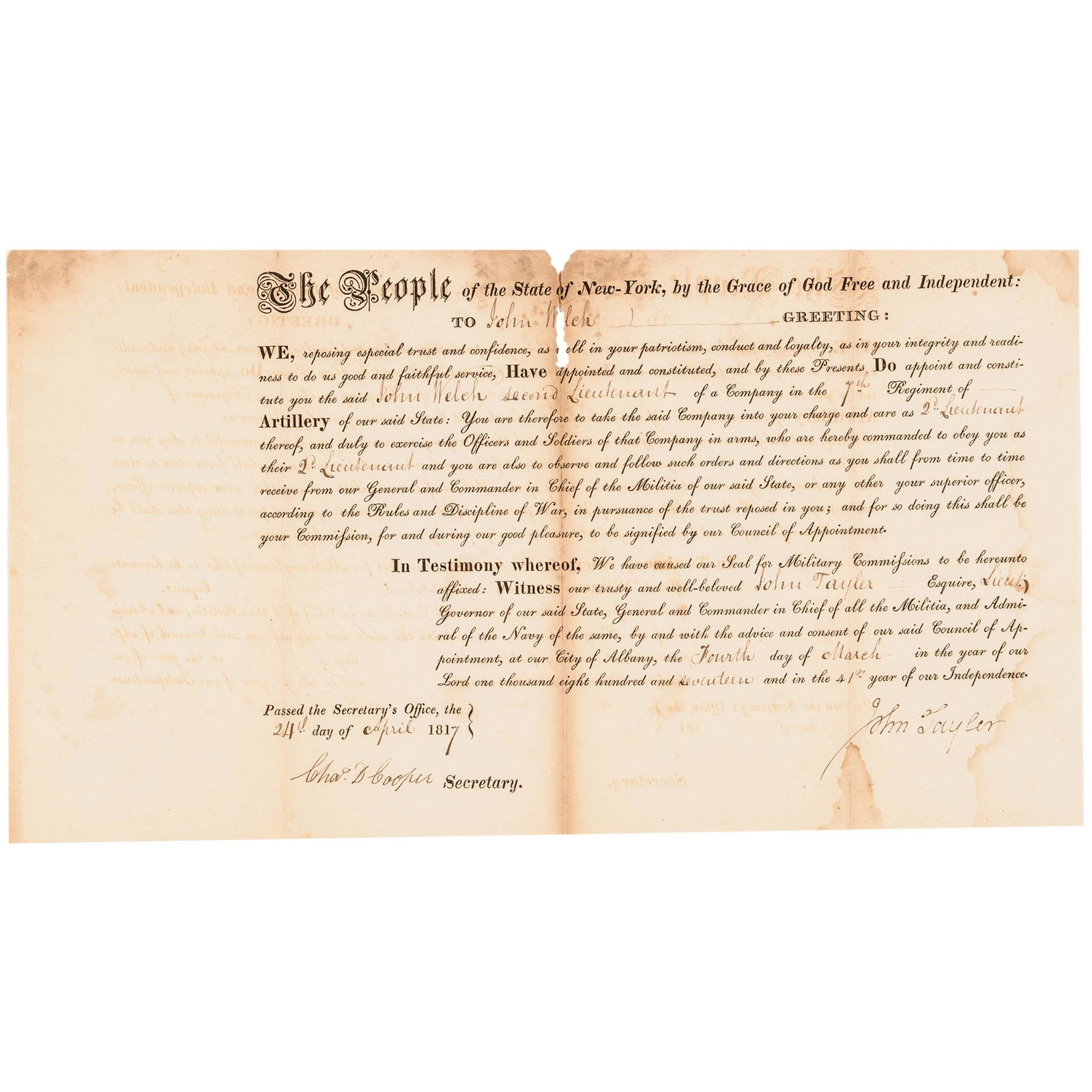 1817 Governor JOHN TAYLOR Signed N.Y. Document: Autographs N.Y. Governor "John Taylor" Signed Military Commission JOHN TAYLOR (1742-1829). Governor of the State of New York, Merchant and Politician, served nine years as Lt. Governor, four months as