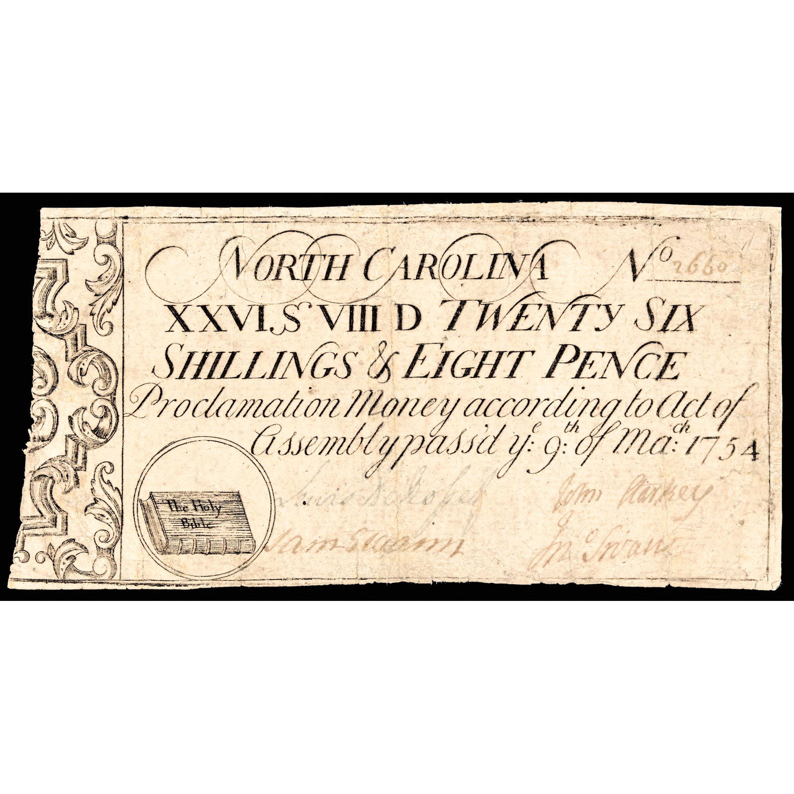 Colonial Currency Note NC March 9, 1754 Holy Bible (1 of 2)