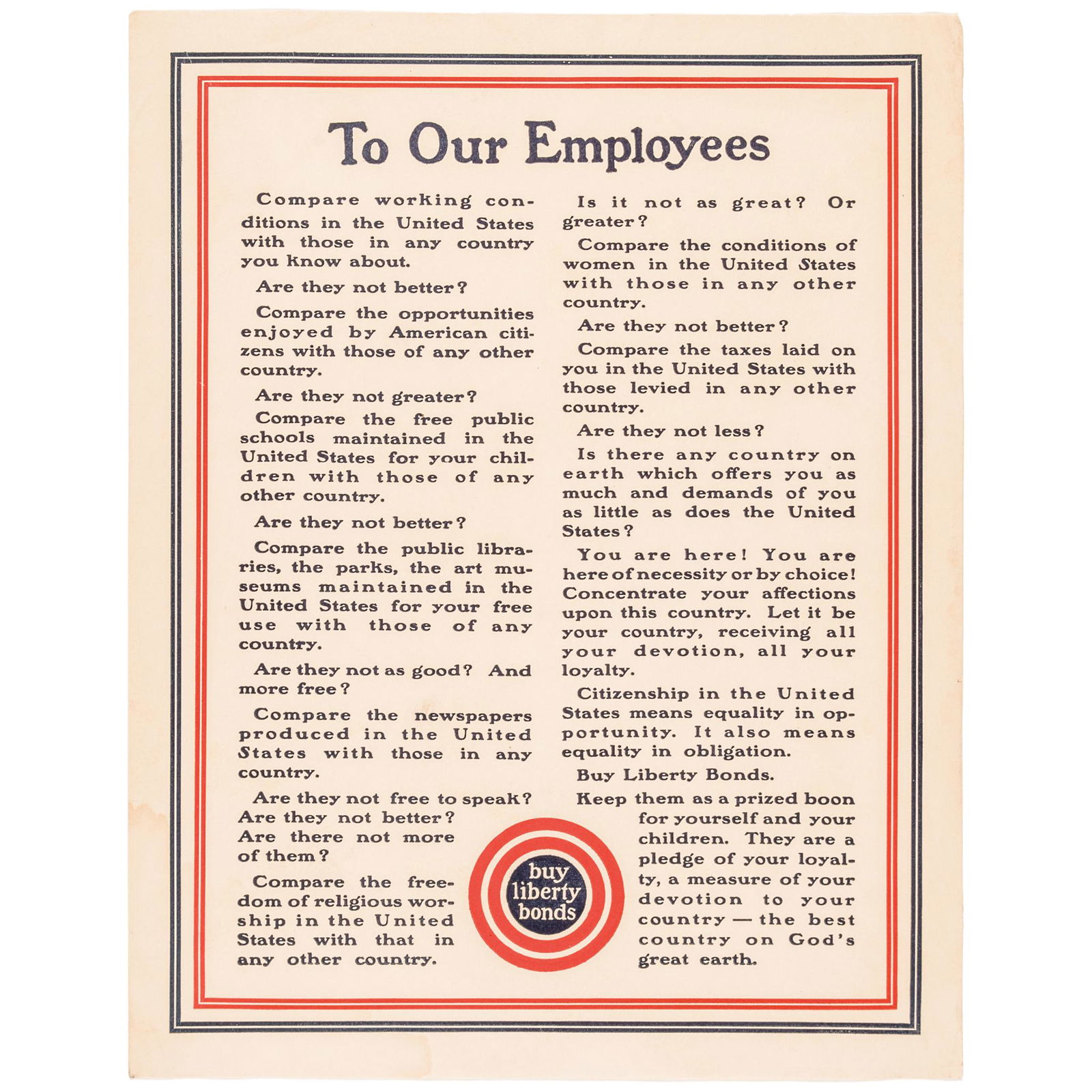 WW I To our Employees... Buy Liberty Bonds Poster (1 of 1)