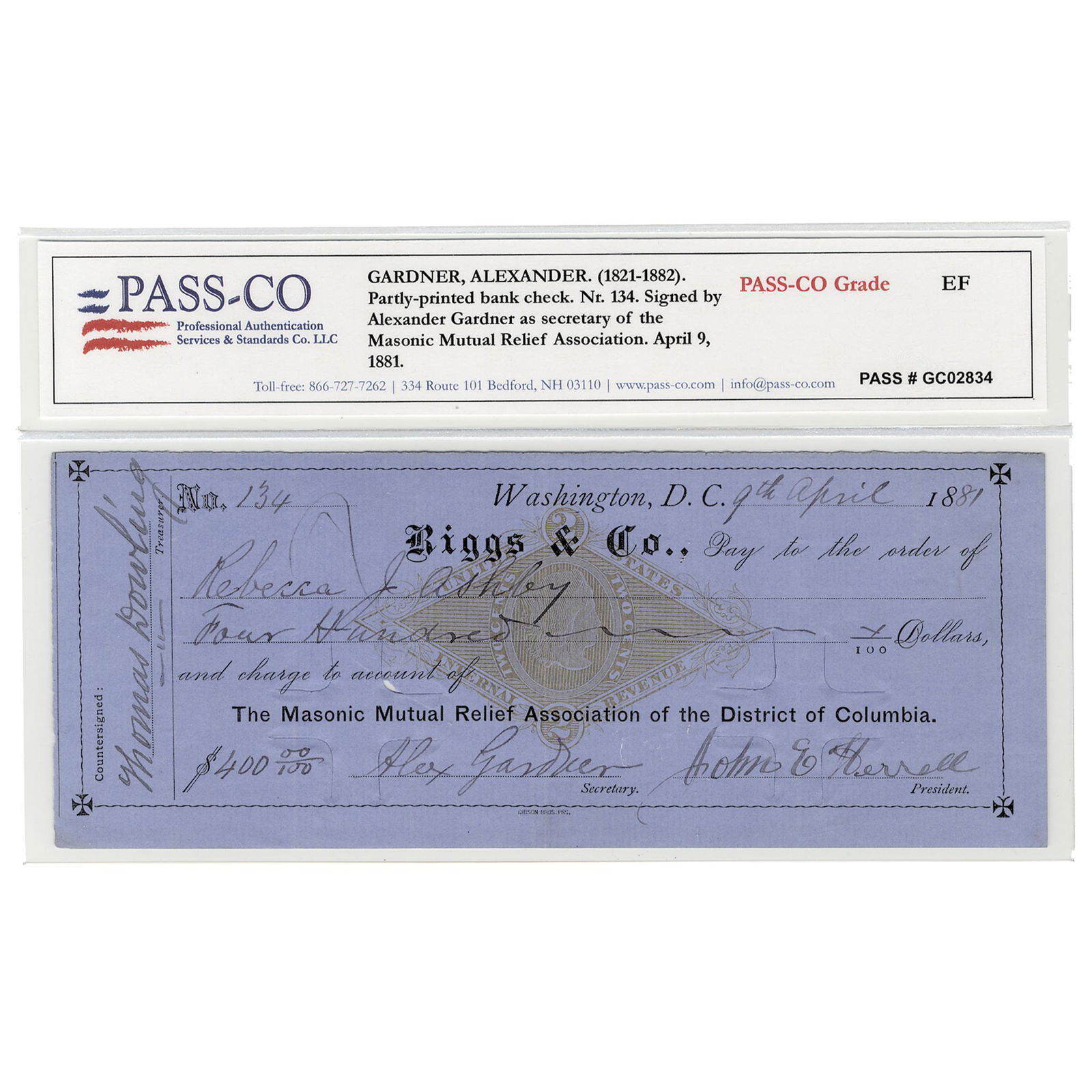 ALEXANDER GARDNER Very Scarce Autographed Check: Autographs Photographer Alexander Gardner Very Scarce Check Signed With Autograph of Famed Civil War Dated April 9th, 1881 ALEXANDER GARDNER (1821-1882). Scottish Photographer who moved to the United