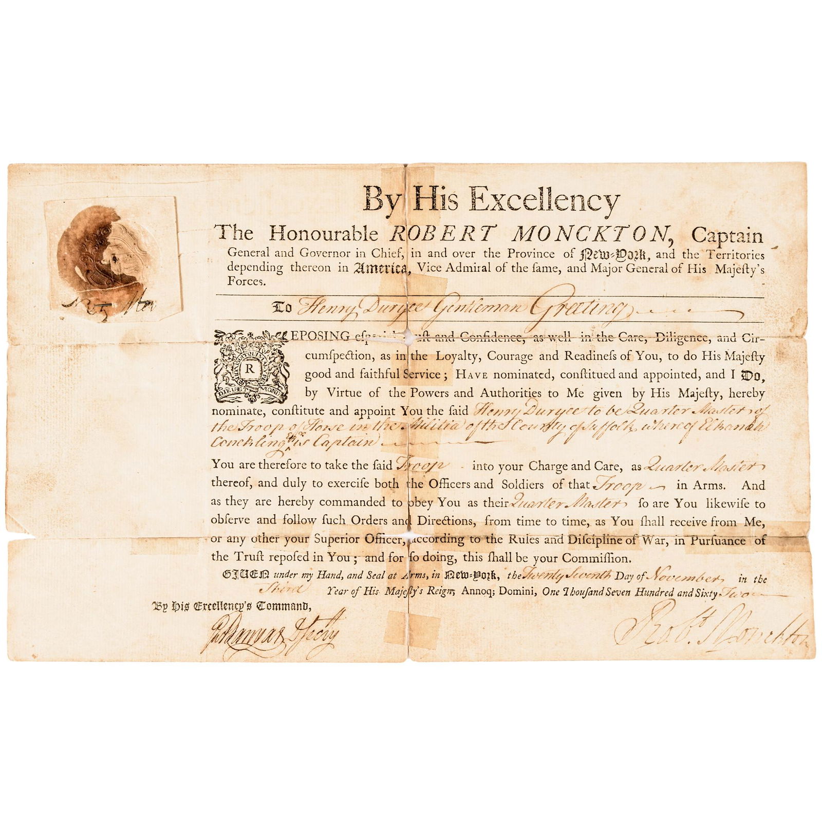 1762 NY Governor Gen. Robert Monckton Signed Doc. (1 of 5)