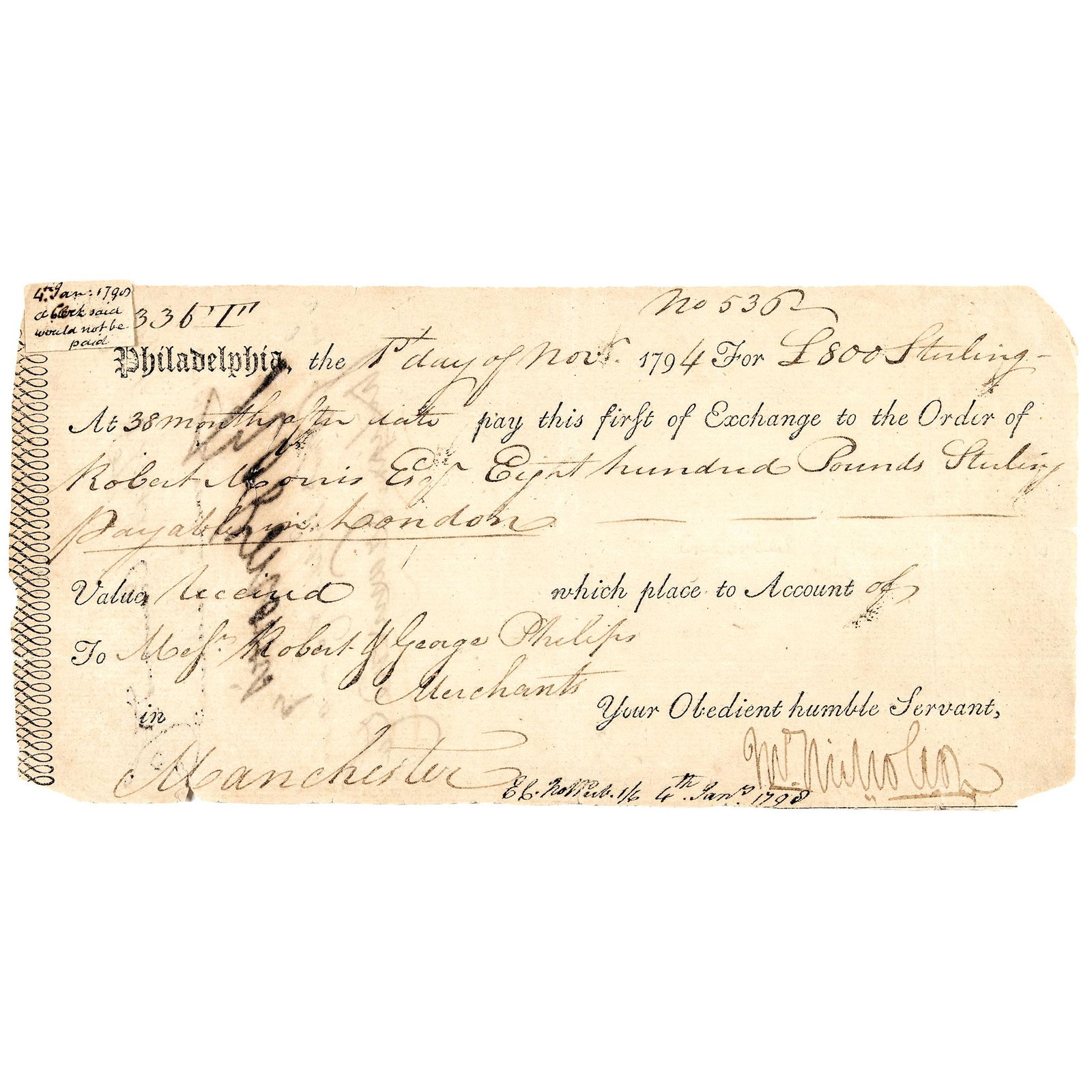 1794 ROBERT MORRIS Boldly Signed Payment Draft: Autographs Robert Morris Signer of the Declaration of Independence, the Articles of Confederation & US Constitution Payment ROBERT MORRIS (1734-1806). Signer of the Declaration of Independence, the Ar