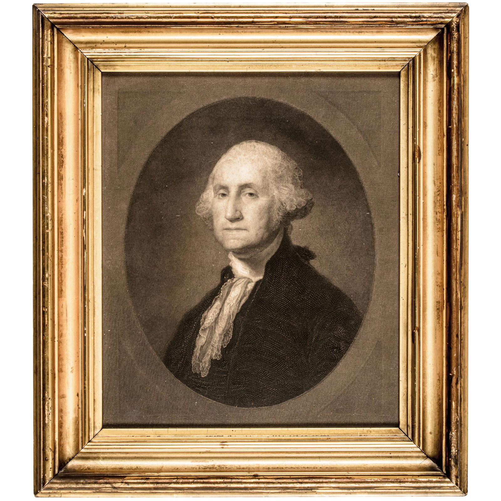 c. 1832 George Washington Engraving, After Stuart: Washington Related Choice George Washington Engraving after Gilbert Stuart c. 1832 Engraving of George Washington after Gilbert Stuart, Housed in a Gilt Period Frame, Extremely Fine. A handsome, metic
