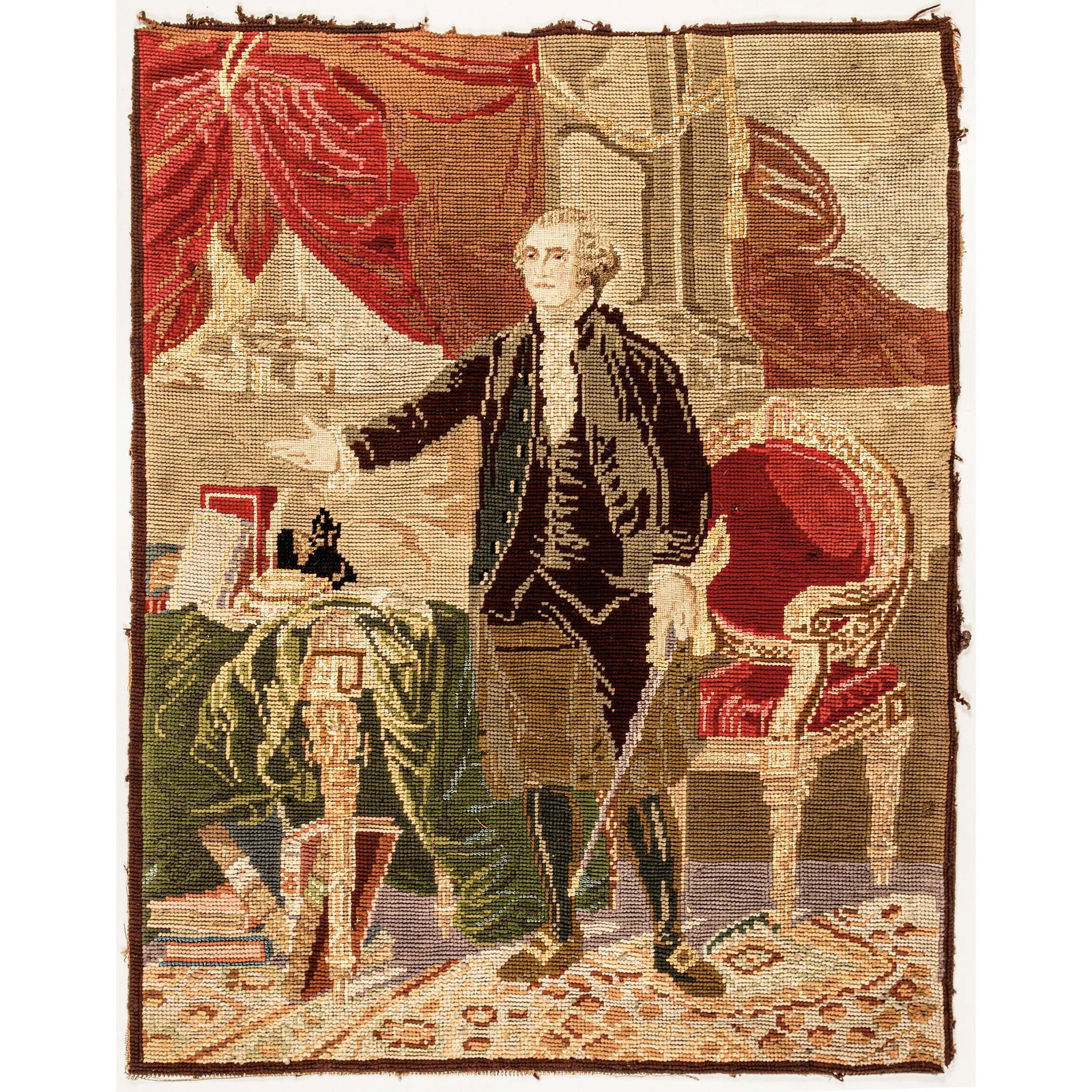 c 1850 George Washington Needlepoint After Stuart: Washington Related George Washington American Berlin Needlepoint Portrait After the Landsdowne Portrait Oil Painting by Gilbert Stuart c. 1850 Berlin Wool Work Needlepoint Portrait Cotton Textile, Aft