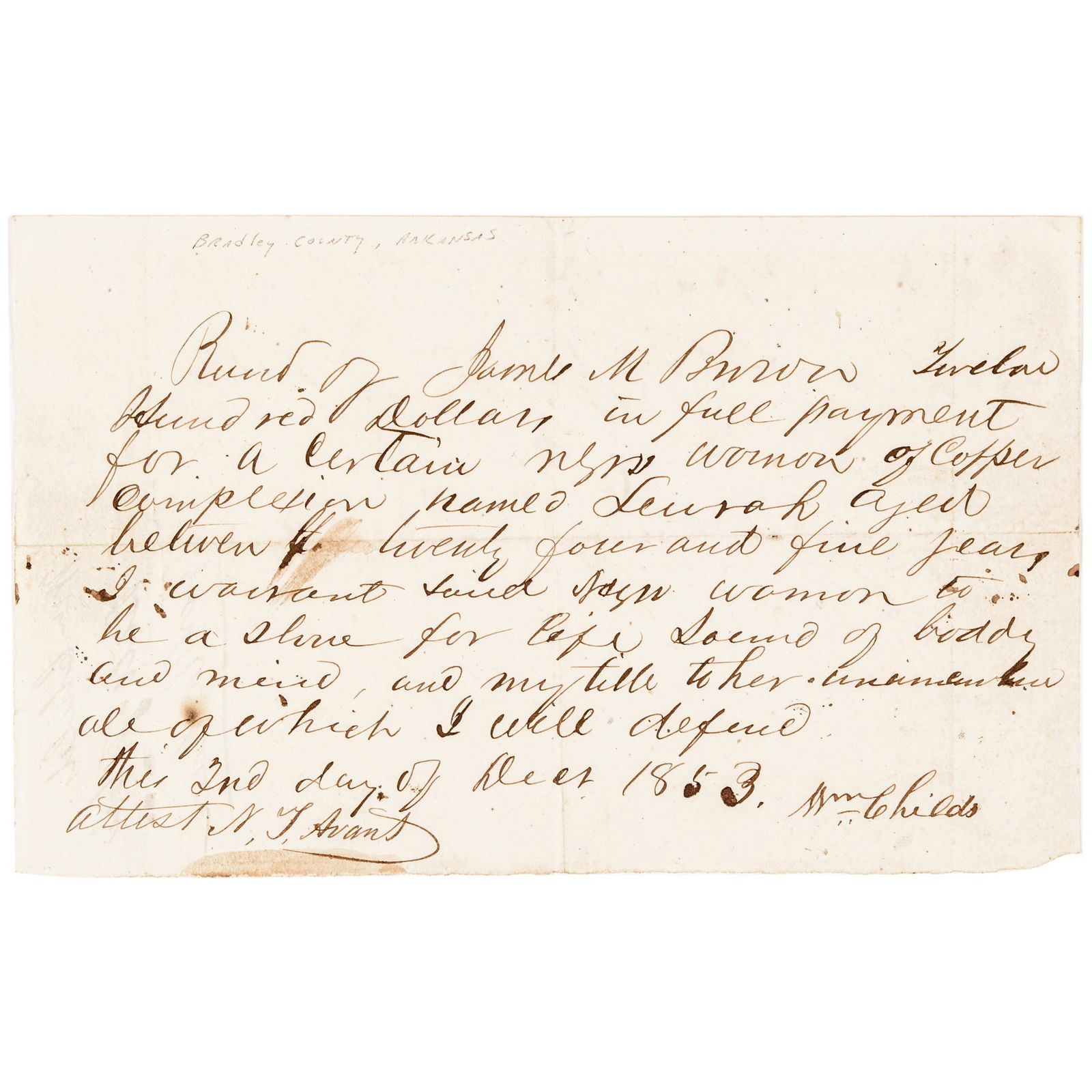1853 Certain negro woman, Slave Bill of Sale, AR. (1 of 4)