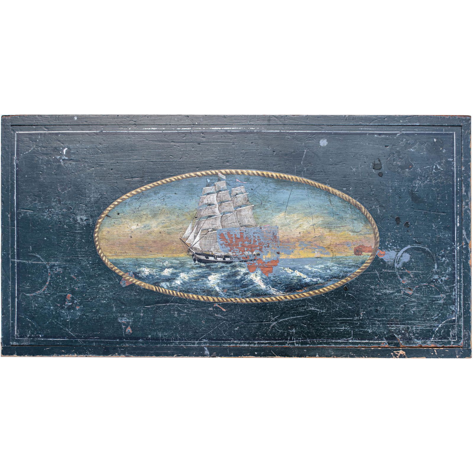c1850 Whaling Ship/Harpooning Scenes Sailor Trunk: Historic Americana Whaling Ship and Harpooning Scenes Oil Painted Sailor's Handcrafted Dovetailed Wooden Trunk of Museum Quality c. 1840 Mid 19th century, American Hand-Painted Sailor's Trunk or Sea C
