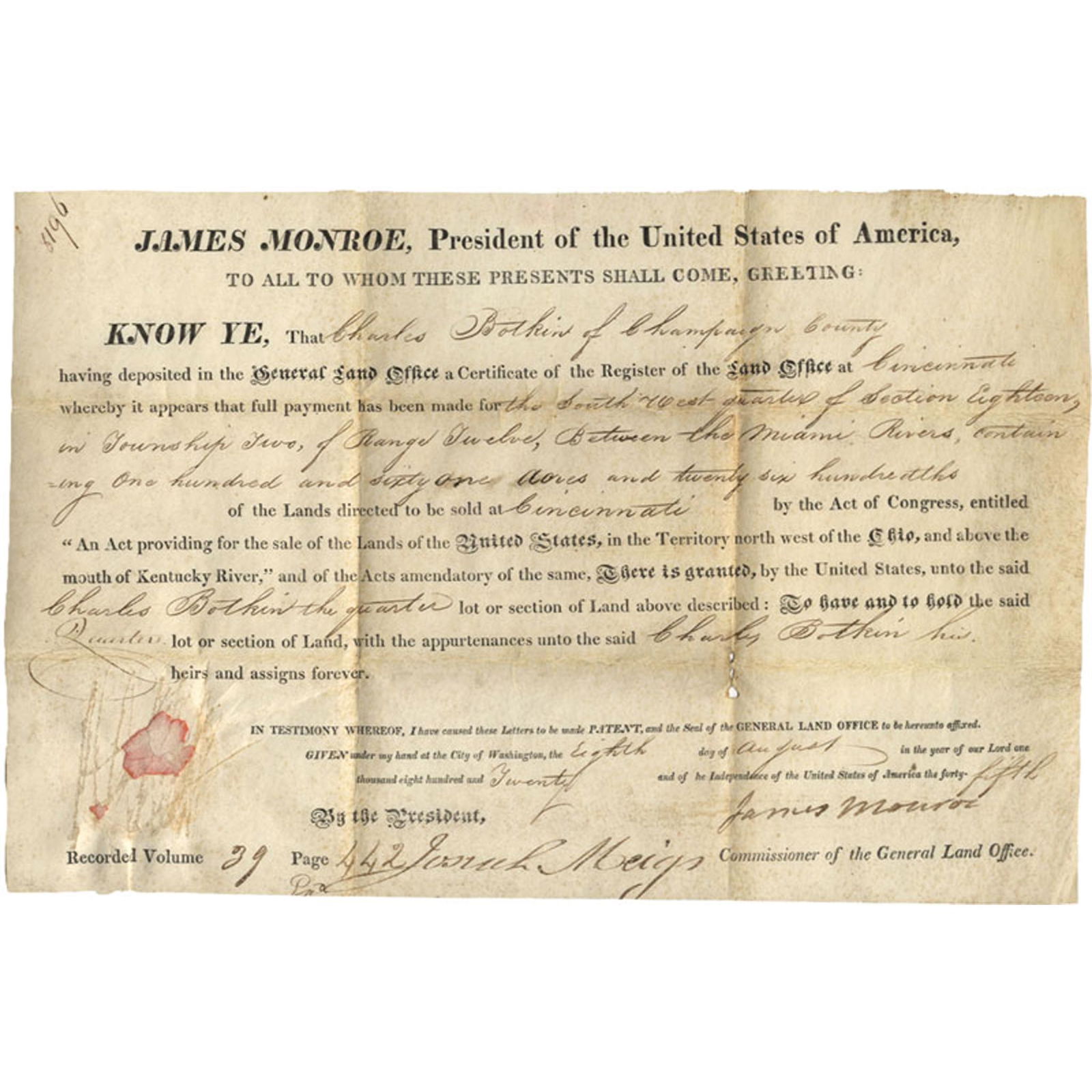 President James Monroe Signed Vellum Land Grant (1 of 1)