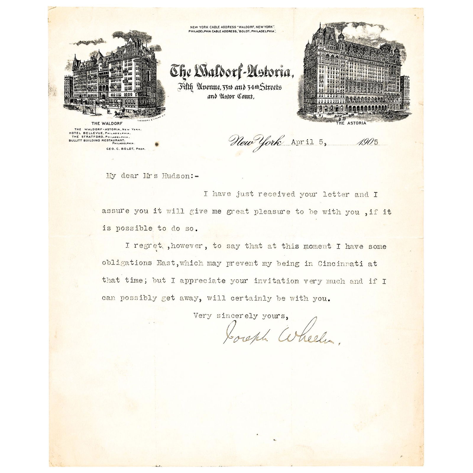 1905 CSA General JOSEPH Fighting Joe WHEELER TLS (1 of 2)