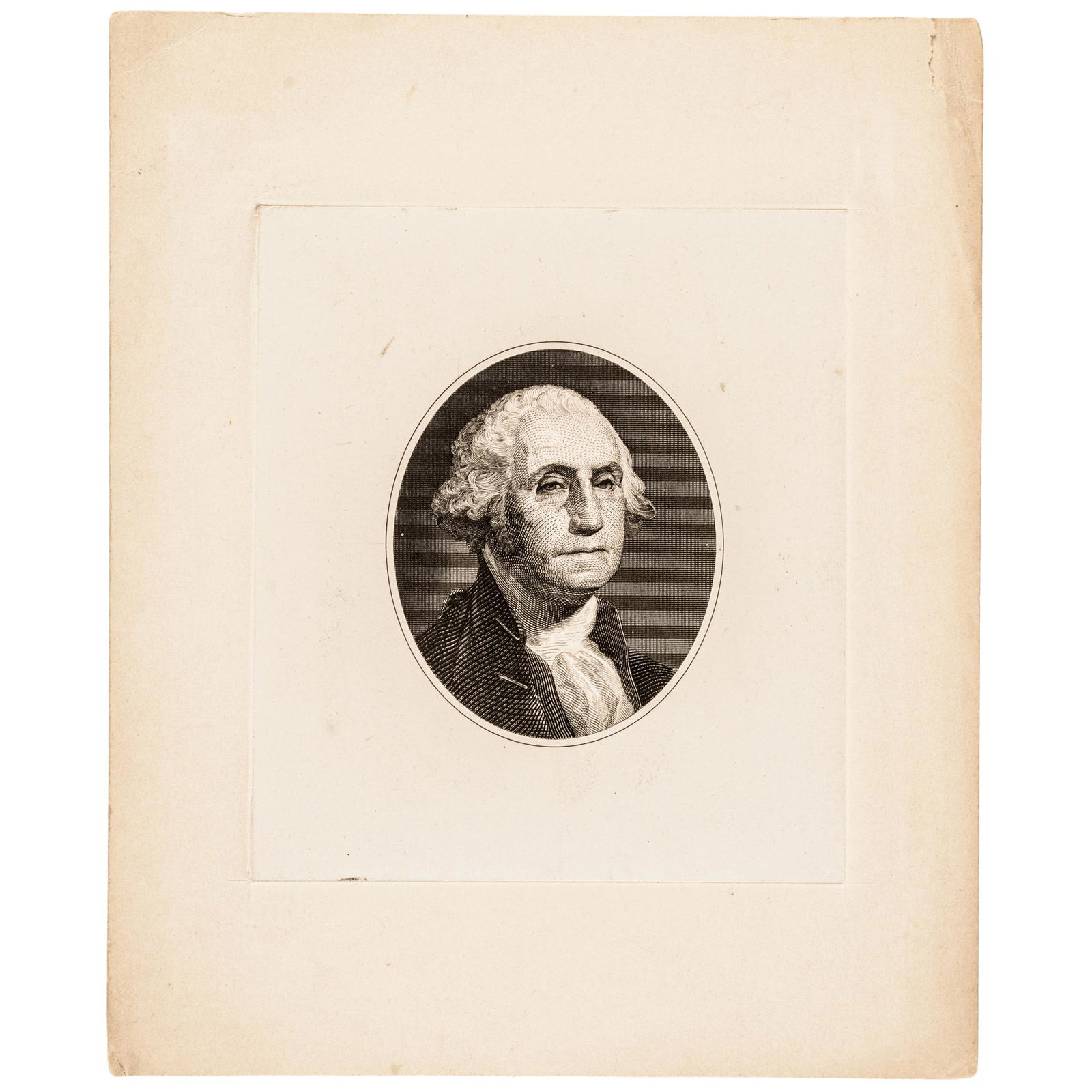 George Washington Engraved Die Sunk Oval Portrait: Washington Related George Washington Protrait Engraved Oval Vignette George Washington Engraved Die Sunk Oval Portrait on India Paper on Card, After Gilbert Stuart, Crisp Mint. This impressive Engrave