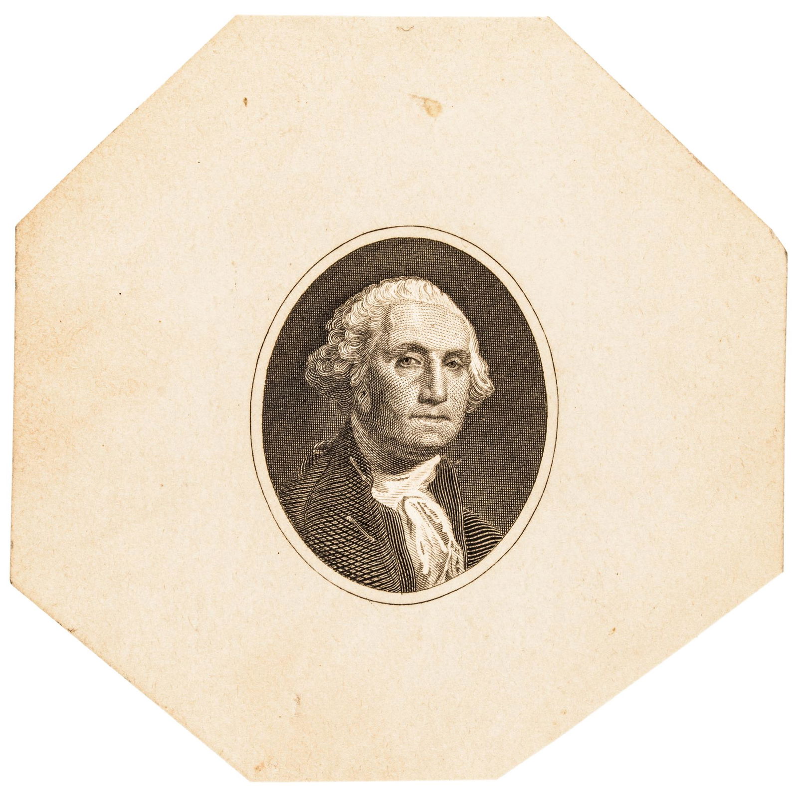 George Washington Engraved Print on Card After Stuart: Washington Related George Washington Engraved Print on Card After Stuart c. 1820 George Washington Engraved Oval Portrait Print on Card After Gilbert Stuart, Very Fine. A well-executed oval Print of A