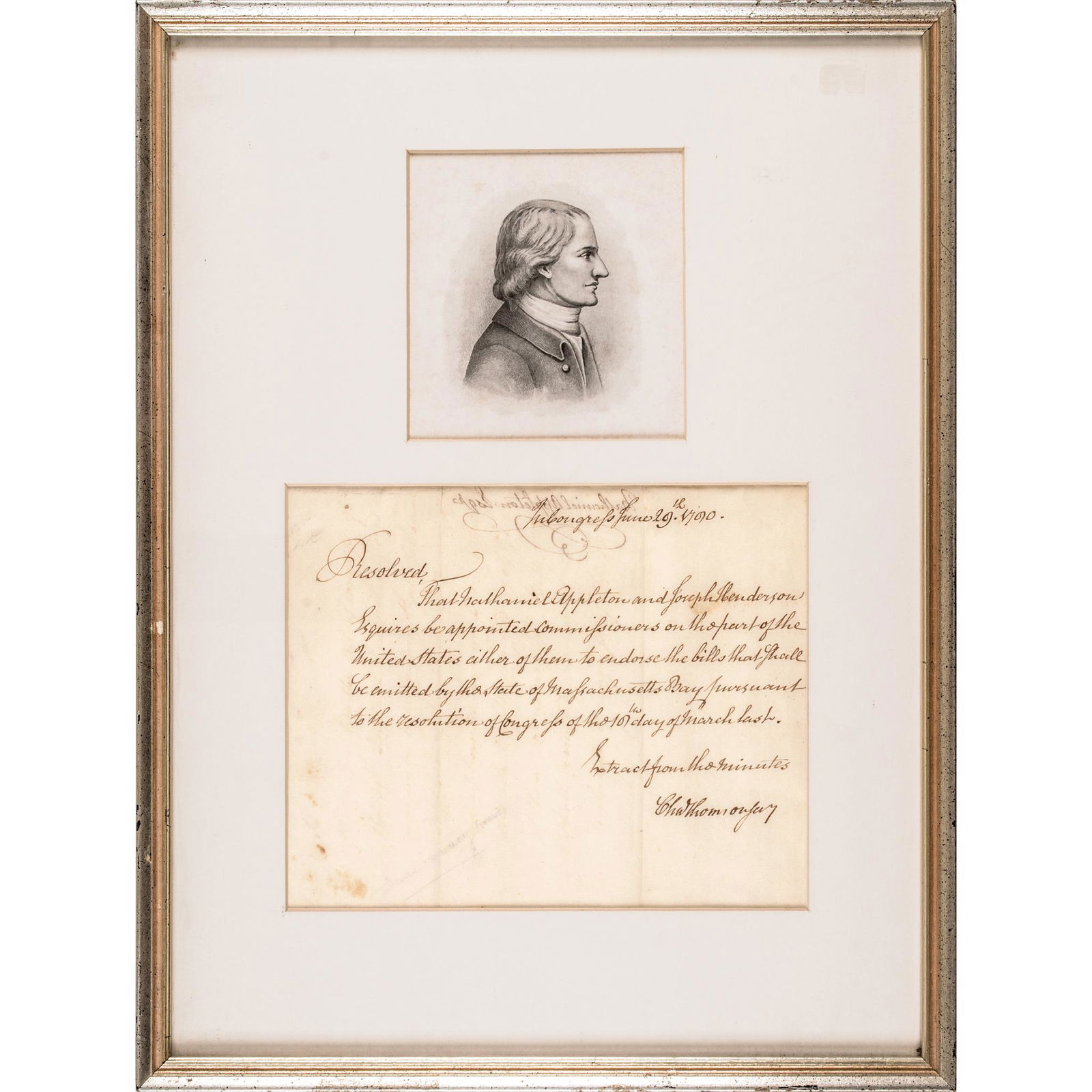 CHARLES THOMSON Treasury Autograph Letter Signed: Federal Period 1790 Continental Congress Charles Thomson Signed Resolution Appointing Nathaniel Appleton and Joseph Henderson as Official Massachusetts United States Loan Office Commissioners CHARLES