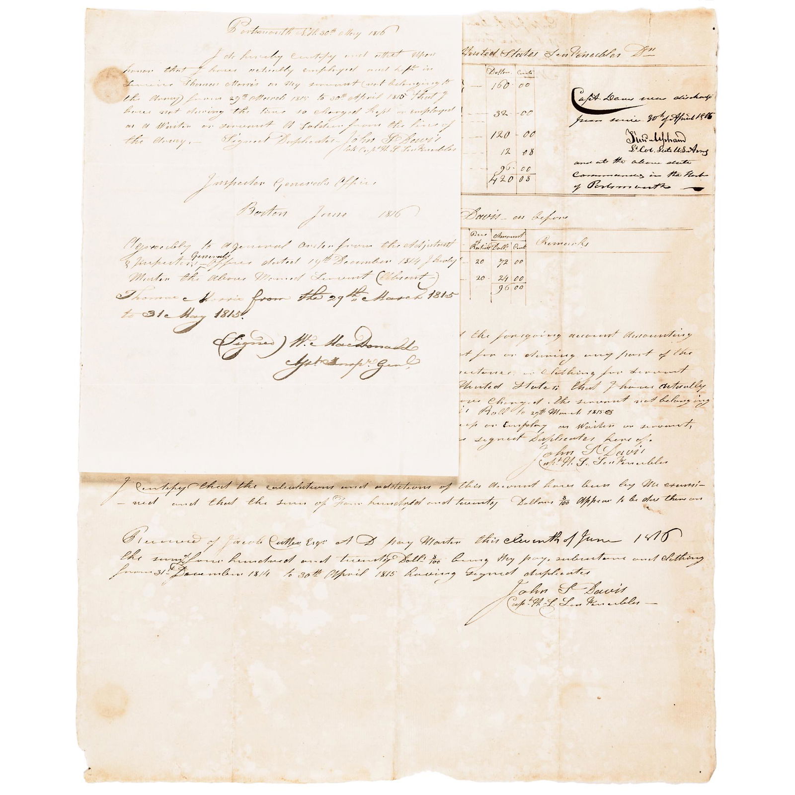 (WAR OF 1812) The Hero of the Seige of Fort Erie.: War of 1812 Rare War of 1812 Lt. Colonel Timothy Upham, a.k.a. "The Hero of the Seige of Fort Erie" Signed Document for John Davis, the late Captain of the "U.S. Sea Fencibles" Service (WAR OF 1812),