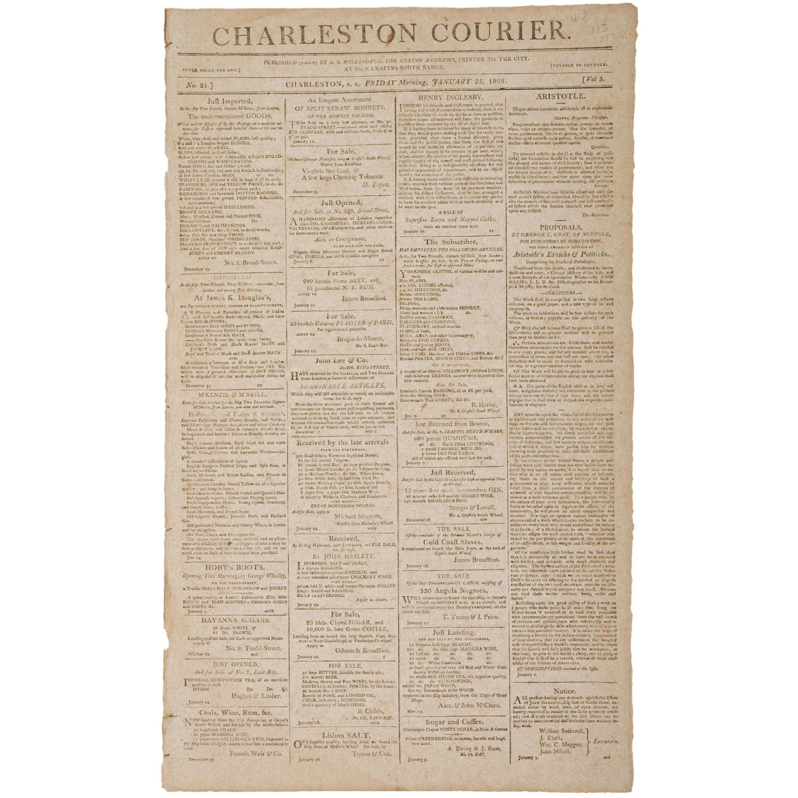 1805 CHARLESTON COURIER Ad For Sale of SLAVE TAGS (1 of 4)