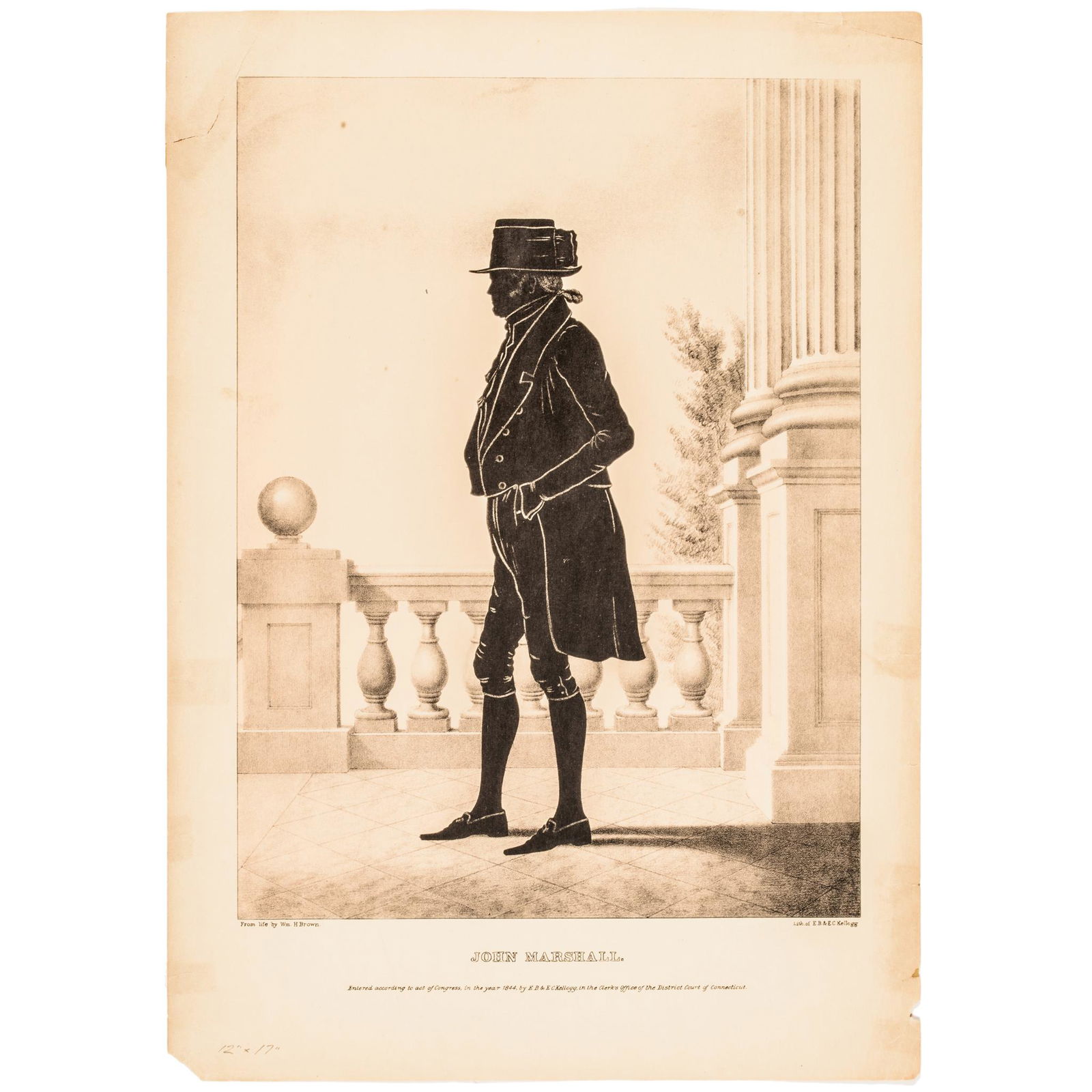 1844 John Marshall Silhouette Print by Kellogg: Political John Marshal Silhouette Print by E.B. & E.C. Kellogg 1844-Dated Silhouette Print of Chief Justice John Marshall, by E.B. & E.C. Kellogg, Choice Extremely Fine. The Kellogg's of Connecticut p