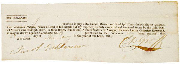 Early Lottery Tickets, 1814 PA Land Lottery: Colonial LotteryExtremely Rare 1814 Land Lottery Ticket January 27, 1814, Columbia (PA.), $200, Land Lottery Ticket for Winning a Property Lot, Choice Very Fine. Partially-Printed Date. This very rare