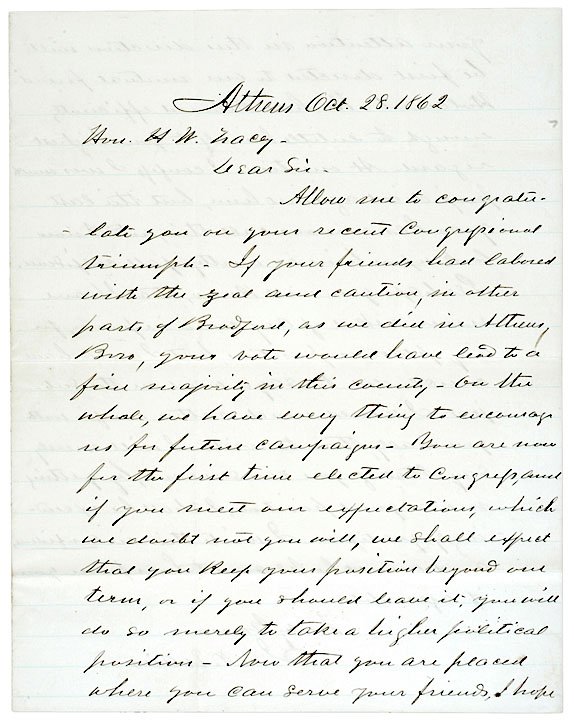 Letter to H.W. Tracey, Entry Into Congress, 1862