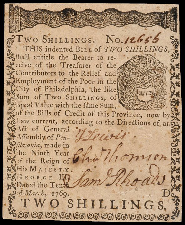 Bettering House Money Signed CHARLES THOMSON: Famous Signers on Colonial Currency"Bettering House Money" Signed By Charles Thomson CHARLES THOMSON. Pennsylvania. March 10, 1769 "Bettering House Money" Issue. Two Shillings. Plate D