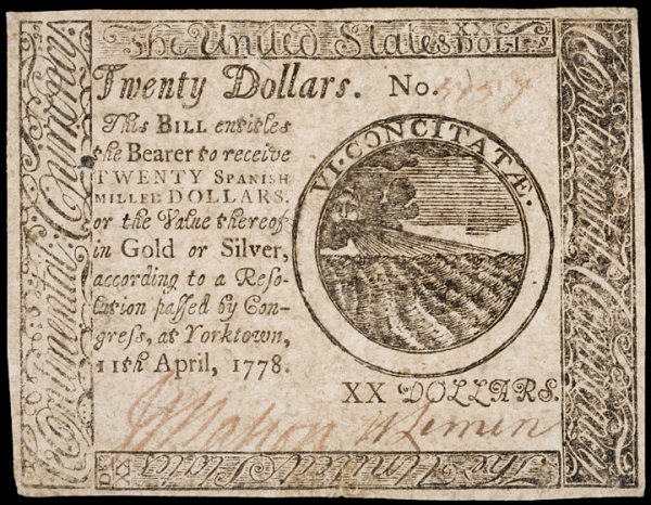 Colonial Currency, April 11, 1778, $20, Yorktown