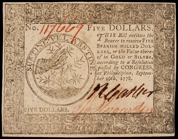 Continental Currency, September 26, 1778 $5 Note