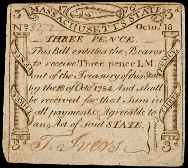 Colonial Currency, MA, October 18, 1776, 3 pence
