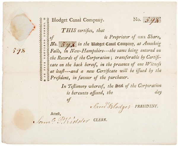 BLODGET CANAL CO. STOCK CERTIFICATE