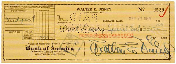 WALT DISNEY Signed Bank Check, 1949: AutographsBoldly Signed "Walter E Disney" Signed Check WALTER E. DISNEY. September 27, 1949, Check Signed "Walter E Disney," made payable, in Disney's own hand, to "Walt Disney - Speci