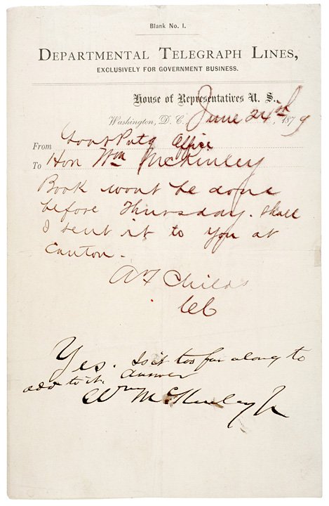 WILLIAM McKINLEY Autograph Note Signed, 1879